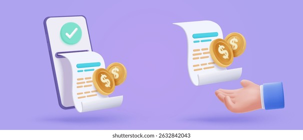 3D bill icon for payment transaction with notice. paper receipt for shopping offer in store. Business invoice bill expenses idea concept. 3d invoice list icon vector render illustration