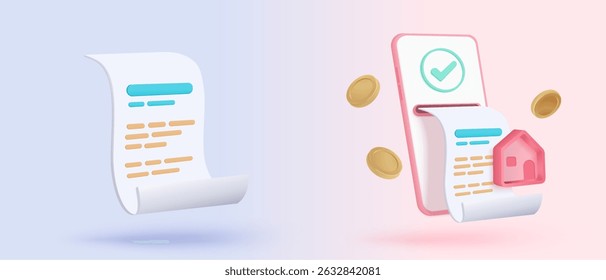 Ícone de fatura 3D para transação de pagamento com aviso. recibo de papel imóveis para empréstimo pessoal. hipoteca habitação para dinheiro, aluguel de propriedade de financeiro. ilustração de renderização de vetor de ícone de residência 3d