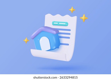 3D bill icon for payment transaction with notice. paper receipt real estate for personal loan. mortgage housing to money, rental property of financial. 3d residence icon vector render illustration