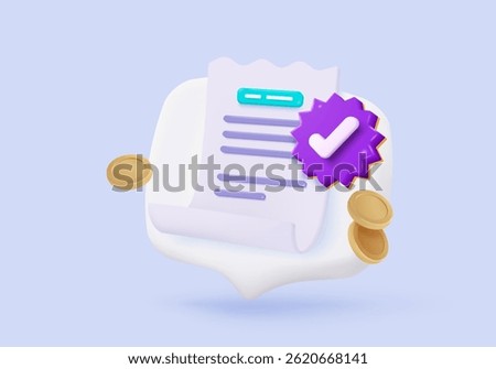 3D bill icon for payment transaction with notice. paper receipt for shopping offer in store. Business invoice bill expenses idea concept. 3d invoice list icon vector render illustration