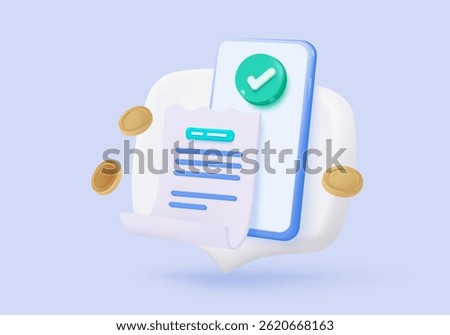 3D bill icon for payment transaction with notice. paper receipt for shopping offer in store. Business invoice bill expenses idea concept. 3d invoice list icon vector render illustration
