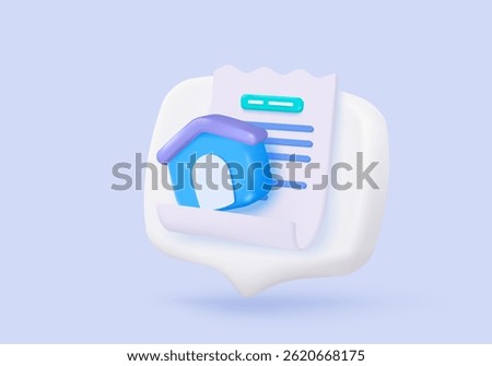 3D bill icon for payment transaction with notice. paper receipt real estate for personal loan. mortgage housing to money, rental property of financial. 3d residence icon vector render illustration