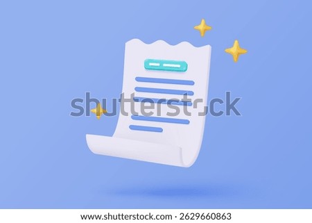 3D bill icon for payment transaction with notice. paper receipt for shopping offer in store. Business invoice bill expenses idea concept. 3d invoice list icon vector render illustration