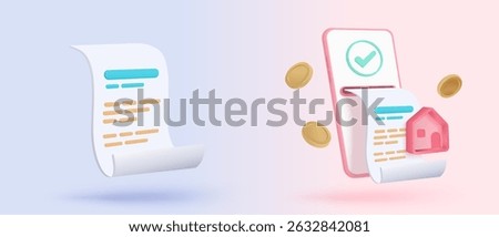 3D bill icon for payment transaction with notice. paper receipt real estate for personal loan. mortgage housing to money, rental property of financial. 3d residence icon vector render illustration
