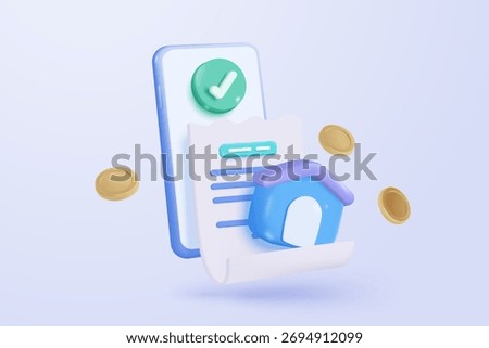 3D bill icon for payment transaction with notice. paper receipt real estate for personal loan. mortgage housing to money, rental property of financial. 3d residence icon vector render illustration