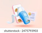 3D bill payment with credit card and financial for online shopping, payment credit card with alert notification. Invoice transaction with credit card reader. 3d receipt vector icon render illustration
