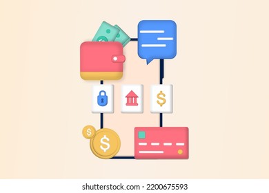 3D bill payment with credit card for online shopping. Concept of payment processing, financial transactions, transfer, bank card, e-wallet for buying process, monetary currencies. Vector illustration.