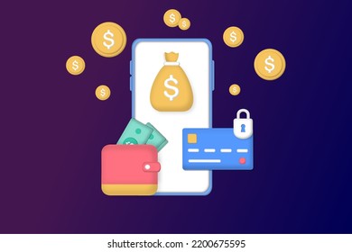 3D bill payment with credit card for online shopping. Concept of payment processing, financial transactions, transfer, bank card, e-wallet for buying process, monetary currencies. Vector illustration.