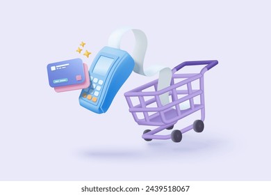 3D bill payment with credit card and financial for online shopping, payment credit card with alert notification. Invoice transaction with credit card reader. 3d receipt vector icon render illustration