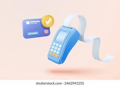 3D bill payment with credit card and financial for online shopping, payment credit card with alert notification. Invoice transaction with credit card reader. 3d receipt vector icon render illustration