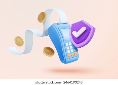 3D bill payment with credit card and financial for online shopping, payment credit card with alert notification. Invoice transaction with credit card reader. 3d receipt vector icon render illustration