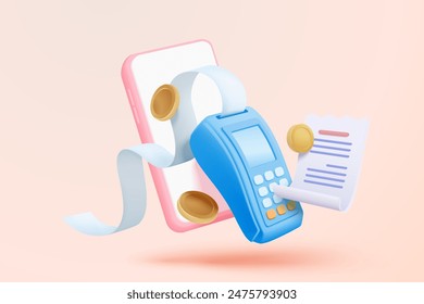 3D bill payment with credit card and financial for online shopping, payment credit card with alert notification. Invoice transaction with credit card reader. 3d receipt vector icon render illustration