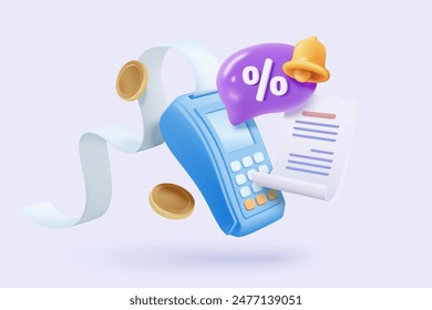 3D bill payment with credit card and financial for online shopping, payment credit card with alert notification. Invoice transaction with credit card reader. 3d receipt vector icon render illustration