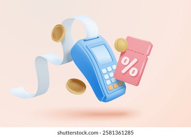 3D bill payment with credit card and financial for online shopping, payment credit card with alert notification. Invoice transaction with credit card reader. 3d receipt vector icon render illustration