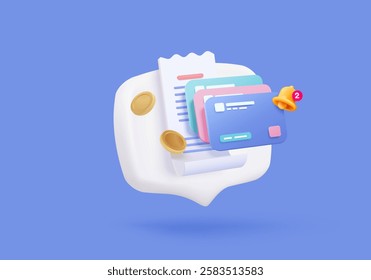 3D bill payment with credit card and financial for online shopping, payment credit card with alert notification. Invoice transaction with money coin. 3d receipt vector icon render illustration