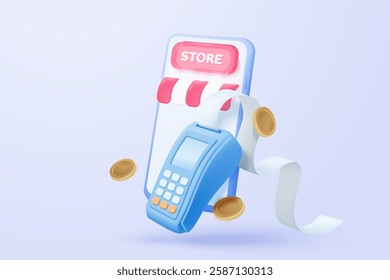 3D bill payment with credit card and financial for online shopping, payment credit card with alert notification. Invoice transaction with credit card reader. 3d receipt vector icon render illustration