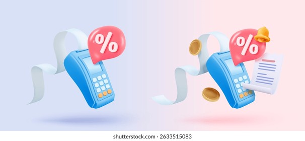 3D bill payment with credit card and financial for online shopping, payment credit card with alert notification. Invoice transaction with credit card reader. 3d receipt vector icon render illustration