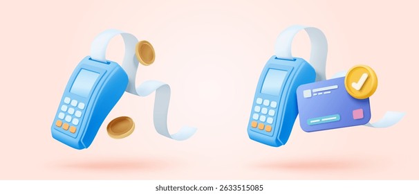 3D bill payment with credit card and financial for online shopping, payment credit card with alert notification. Invoice transaction with credit card reader. 3d receipt vector icon render illustration
