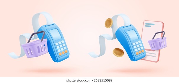 3D bill payment with credit card and financial for online shopping, payment credit card with alert notification. Invoice transaction with credit card reader. 3d receipt vector icon render illustration