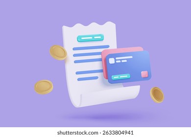 3D bill payment with credit card and financial for online shopping, payment credit card with alert notification. Invoice transaction with money coin. 3d receipt vector icon render illustration