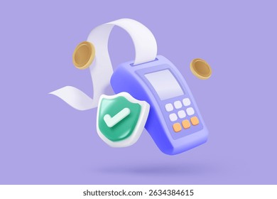 3D bill payment with credit card and financial for online shopping, payment credit card with alert notification. Invoice transaction with credit card reader. 3d receipt vector icon render illustration