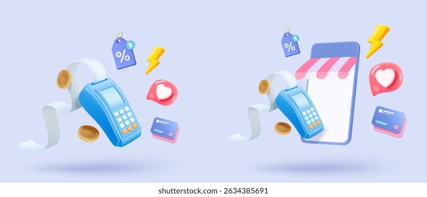 3D bill payment with credit card and financial for online shopping, payment credit card with alert notification. Invoice transaction with credit card reader. 3d receipt vector icon render illustration