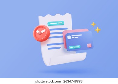 3D bill payment with credit card and financial for online shopping, payment credit card with alert notification. Invoice transaction with money coin. 3d receipt vector icon render illustration