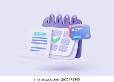 3D bill payment with credit card and financial for online shopping, payment credit card with alert notification. Invoice transaction with money coin. 3d receipt vector icon render illustration