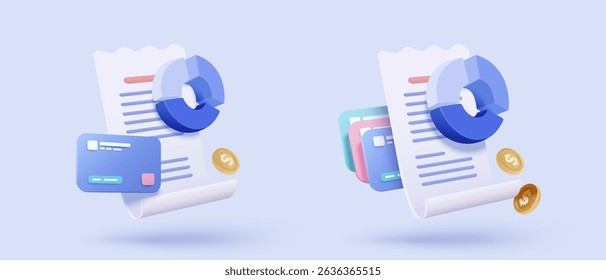 3D bill payment with credit card and financial for online shopping, payment credit card with alert notification. Invoice transaction with money coin. 3d receipt vector icon render illustration