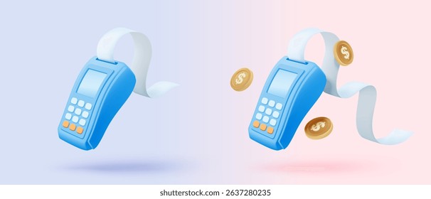 3D bill payment with credit card and financial for online shopping, payment credit card with alert notification. Invoice transaction with credit card reader. 3d receipt vector icon render illustration