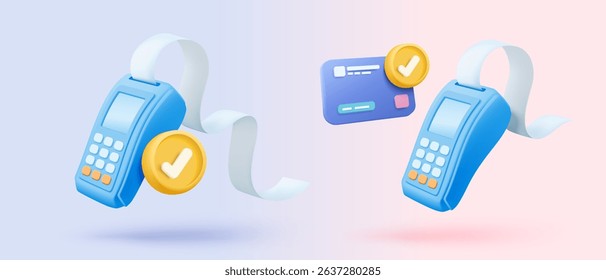3D bill payment with credit card and financial for online shopping, payment credit card with alert notification. Invoice transaction with credit card reader. 3d receipt vector icon render illustration