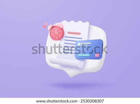 3D bill payment with credit card and financial for online shopping, payment credit card with alert notification. Invoice transaction with money coin. 3d receipt vector icon render illustration