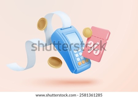3D bill payment with credit card and financial for online shopping, payment credit card with alert notification. Invoice transaction with credit card reader. 3d receipt vector icon render illustration