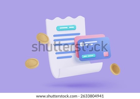3D bill payment with credit card and financial for online shopping, payment credit card with alert notification. Invoice transaction with money coin. 3d receipt vector icon render illustration