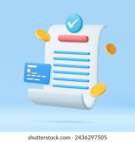 3D bill payment with credit card,check and golden coins, financial for online shopping, bill online payment credit card with payment protection concept. 3D Rendering. Vector illustration