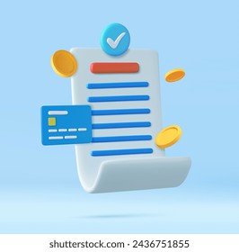 3D bill payment with credit card,check and golden coins, financial for online shopping, bill online payment credit card with payment protection concept. 3D Rendering. Vector illustration