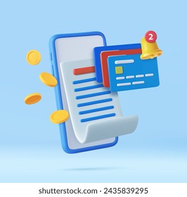 3D bill payment with mobile phone, credit card with bell alert notification and golden coins, financial for online shopping, bill online payment. 3D Rendering. Vector illustration