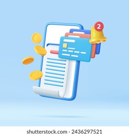 3D bill payment with mobile phone, credit card with bell alert notification and golden coins, financial for online shopping, bill online payment. 3D Rendering. Vector illustration