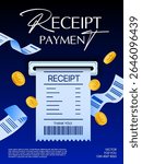 3d bill or receipt is being printed from a slot, isolated on background with coins flying around. Payment receipt with cash back banner template in 3d vector