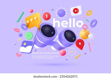 3D Binoculars on pastel purple background. Can be used for many purposes. Trendy and modern vector in 3d style.