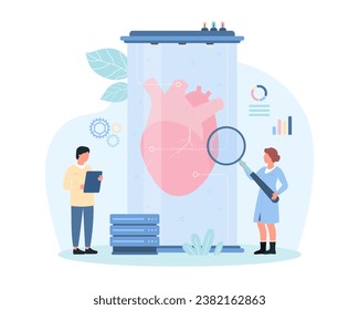 3D bio printing artificial human organ for transplantation in biotech medical laboratory vector illustration. Cartoon tiny scientists with magnifying glass research lab grown bioartificial heart