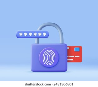 3d biometric fingerprint password with padlock icon. Touch ID. Credit card, secure transaction in Internet. Password interface to log in. 3d rendering. Vector illustration