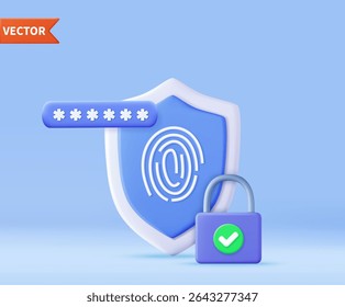 3d biometric fingerprint password with padlock and shield icon. Touch ID. Password interface to log in.Cyber security, data protection and privacy concept. 3d rendering. Vector illustration