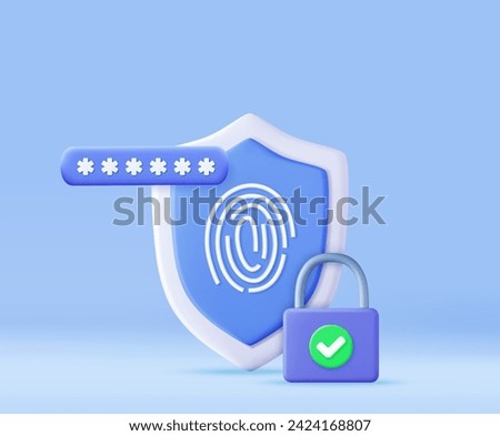 3d biometric fingerprint password with padlock and shield icon. Touch ID. Password interface to log in.Cyber security, data protection and privacy concept. 3d rendering. Vector illustration