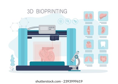 3D Bioprinter. Human organ replicating. Concept of bioprinting of tissues, bones and internal organs. Bioprintering, technology of transplantation new organs. vector illustration in flat style.