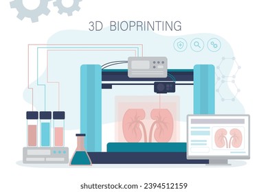 3D Bioprinter Drucknieren. Humanorgan repliziert. Bioprinting von Geweben, Knochen und inneren Organen. Bioprintering, Technologie der Transplantation neuer Organe. flache Vektorgrafik
