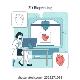 3D Bioprinting concept. A scientist operates a bioprinter creating artificial organs, showcasing innovation in medical technology. Vector illustration.