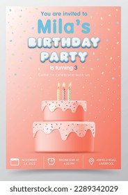 3D Birthday anniversary greeting card and kid party invitation template with cake and ribbon on the pink background for children. it's a girl. vector illustration