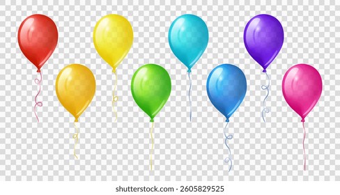 3d birthday balloons on transparent background. Red, blue, orange and yellow inflatable clear balloons with ribbons. Flying rainbow colored party elements, vector illustration