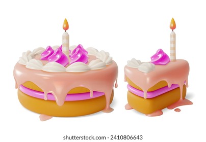 3d Birthday Cake with Candle Cartoon Style Piece and Whole Isolated on a White Background. Vector illustration